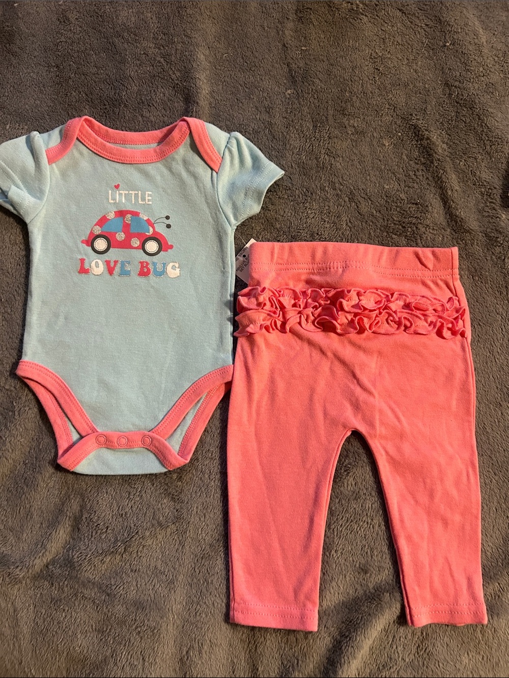 Baby 'Love Bug' Onesie & Ruffle Leggings - Light Blue & Coral (3-6mo)